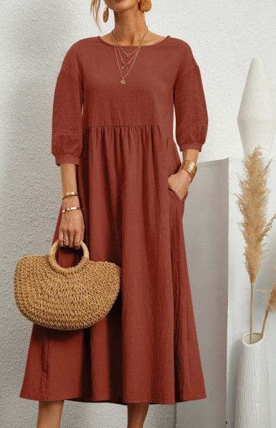 ⏰ Nur noch heute 50% Rabatt! 🌸 Damen Leinen-Baumwoll Maxikleid mit Ballonärmeln | Luftig locker geschnitten mit Seitentaschen, ideal für Sommer, Urlaub & Stadtbummel