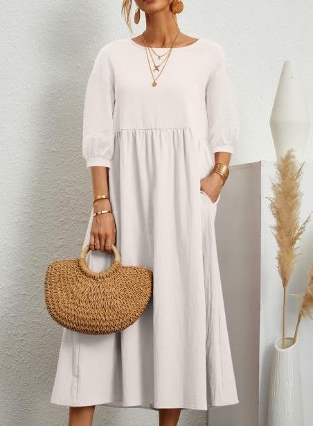 ⏰ Nur noch heute 50% Rabatt! 🌸 Damen Leinen-Baumwoll Maxikleid mit Ballonärmeln | Luftig locker geschnitten mit Seitentaschen, ideal für Sommer, Urlaub & Stadtbummel