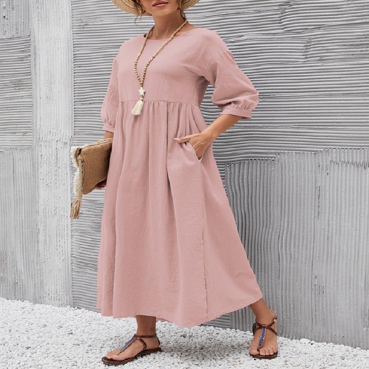 ⏰ Nur noch heute 50% Rabatt! 🌸 Damen Leinen-Baumwoll Maxikleid mit Ballonärmeln | Luftig locker geschnitten mit Seitentaschen, ideal für Sommer, Urlaub & Stadtbummel