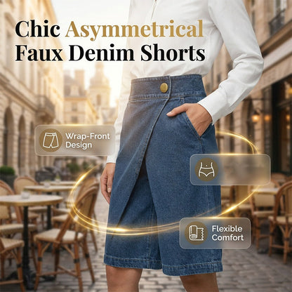 ⏰ Nur noch heute 50% Rabatt! 🎉 Modische asymmetrische Damen Shorts aus Jeans-Stoff | Wickel-Front Design, elastischer Komfortstoff mit praktischen Seitentaschen für Stadt & Sommerausflüge ✨