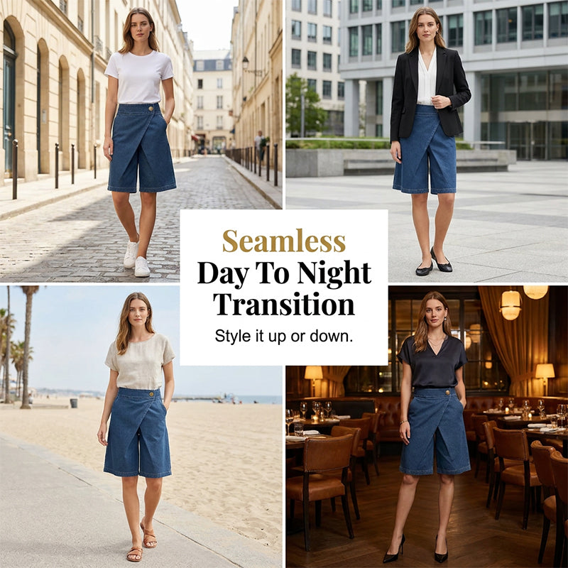 ⏰ Nur noch heute 50% Rabatt! 🎉 Modische asymmetrische Damen Shorts aus Jeans-Stoff | Wickel-Front Design, elastischer Komfortstoff mit praktischen Seitentaschen für Stadt & Sommerausflüge ✨