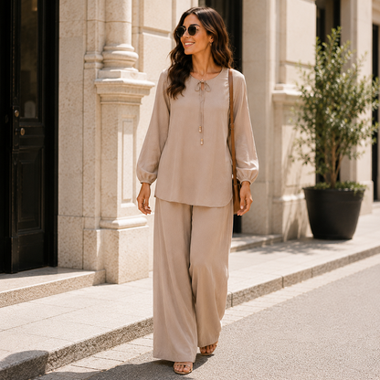 ⏰ Nur noch heute 50% Rabatt! 👗 Elegantes 2-teiliges Damen Outfit mit Langarm-Bluse & Wide-Leg Hose, fließender Stoff & moderner Schnitt – vielseitig kombinierbar für Büro, Abendtreffen und Alltag ✨
