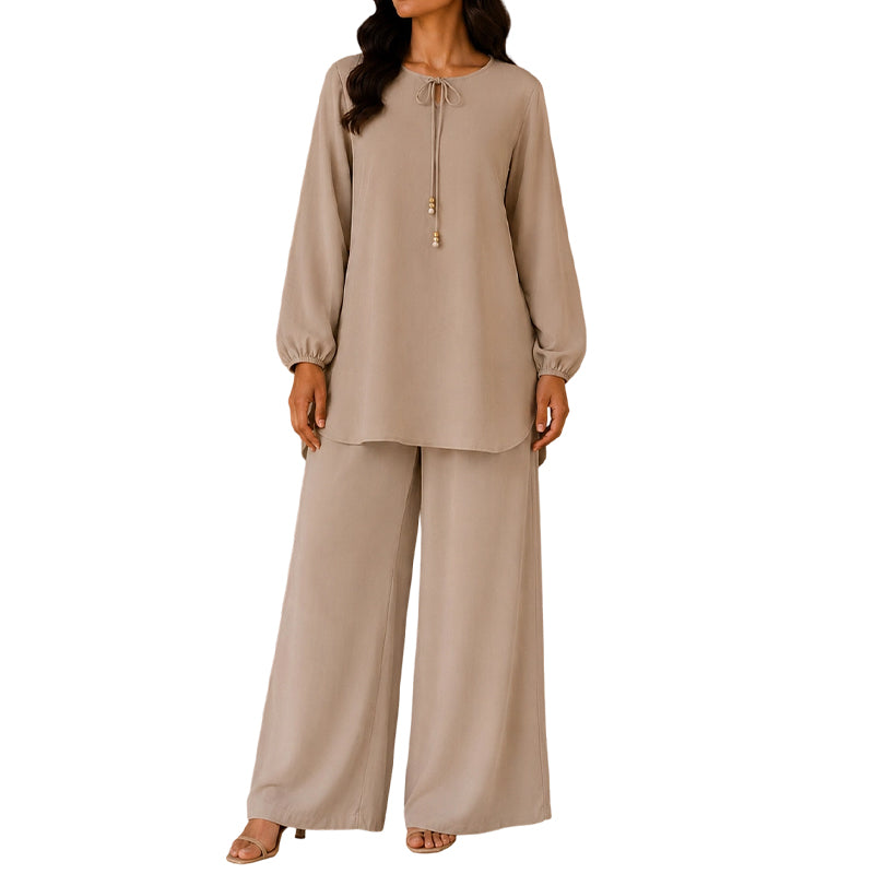 ⏰ Nur noch heute 50% Rabatt! 👗 Elegantes 2-teiliges Damen Outfit mit Langarm-Bluse & Wide-Leg Hose, fließender Stoff & moderner Schnitt – vielseitig kombinierbar für Büro, Abendtreffen und Alltag ✨