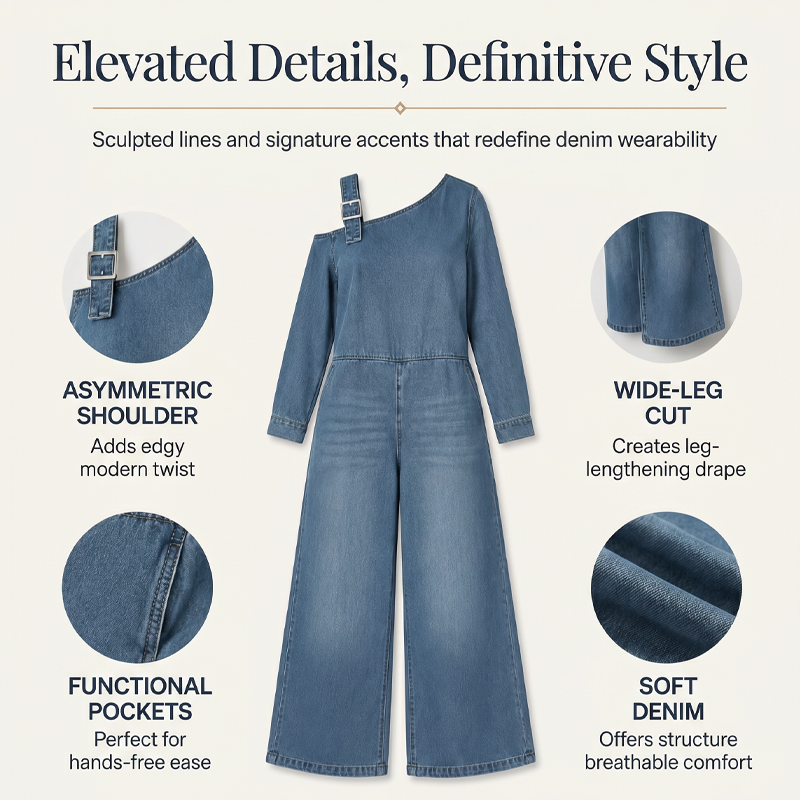 Damen asymmetrischer schulterfreier Jeans-Jumpsuit