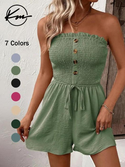 ⏰ Nur noch heute 50% Rabatt! 👗 Damen trägerloser Jumpsuit mit Rüschen-Bandeau, geraffter Oberteil & Taillenkordel, lockere Shorts-Beine – 7 Farben zur Auswahl für Sommer & Urlaub ✨