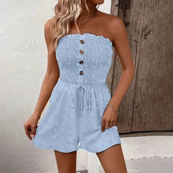 ⏰ Nur noch heute 50% Rabatt! 👗 Damen trägerloser Jumpsuit mit Rüschen-Bandeau, geraffter Oberteil & Taillenkordel, lockere Shorts-Beine – 7 Farben zur Auswahl für Sommer & Urlaub ✨