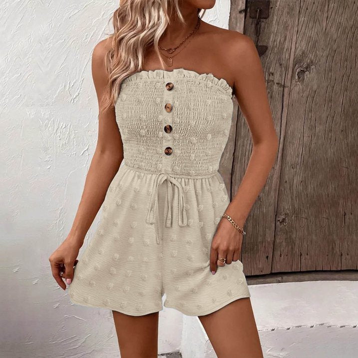 ⏰ Nur noch heute 50% Rabatt! 👗 Damen trägerloser Jumpsuit mit Rüschen-Bandeau, geraffter Oberteil & Taillenkordel, lockere Shorts-Beine – 7 Farben zur Auswahl für Sommer & Urlaub ✨