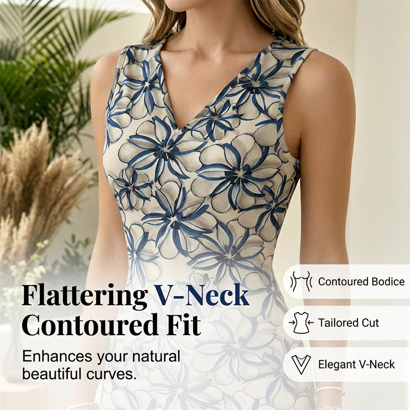⏰ Nur noch heute 50% Rabatt! 🤍 Eleganteres blumiges Sommer-Midi-Kleid | ärmelloser V-Ausschnitt mit dynamischem Fischschwanz-Rüschensaum, fließender Stoff für Brunch, Gartenpartys & festliche Anlässe ✨