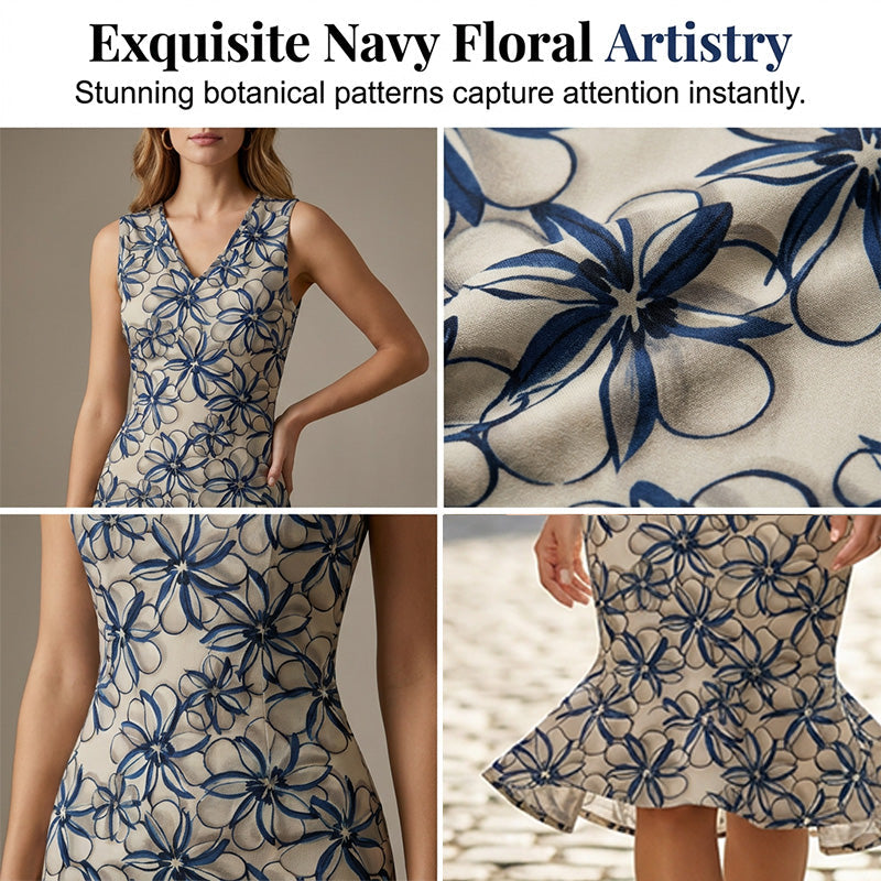 ⏰ Nur noch heute 50% Rabatt! 🤍 Eleganteres blumiges Sommer-Midi-Kleid | ärmelloser V-Ausschnitt mit dynamischem Fischschwanz-Rüschensaum, fließender Stoff für Brunch, Gartenpartys & festliche Anlässe ✨