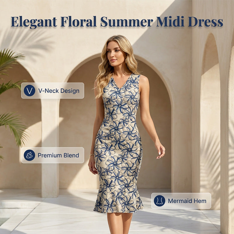 ⏰ Nur noch heute 50% Rabatt! 🤍 Eleganteres blumiges Sommer-Midi-Kleid | ärmelloser V-Ausschnitt mit dynamischem Fischschwanz-Rüschensaum, fließender Stoff für Brunch, Gartenpartys & festliche Anlässe ✨