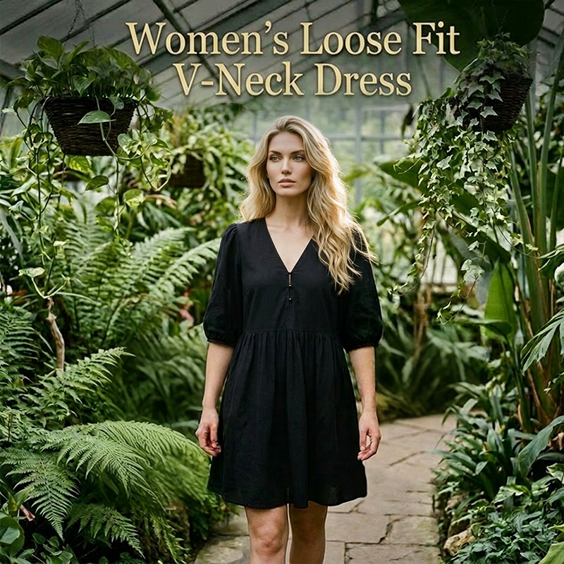 ⏰ Nur noch heute 50% Rabatt! 🖤 Damen locker fallendes Freizeitkleid mit V-Ausschnitt & Puff-Kurzärmeln, luftiger Stoff für entspannte Sommertage, Alltag & Urlaub ✨