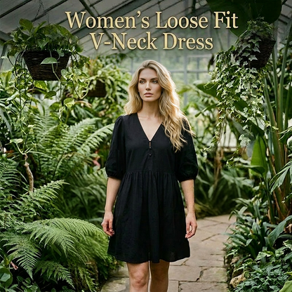 ⏰ Nur noch heute 50% Rabatt! 🖤 Damen locker fallendes Freizeitkleid mit V-Ausschnitt & Puff-Kurzärmeln, luftiger Stoff für entspannte Sommertage, Alltag & Urlaub ✨