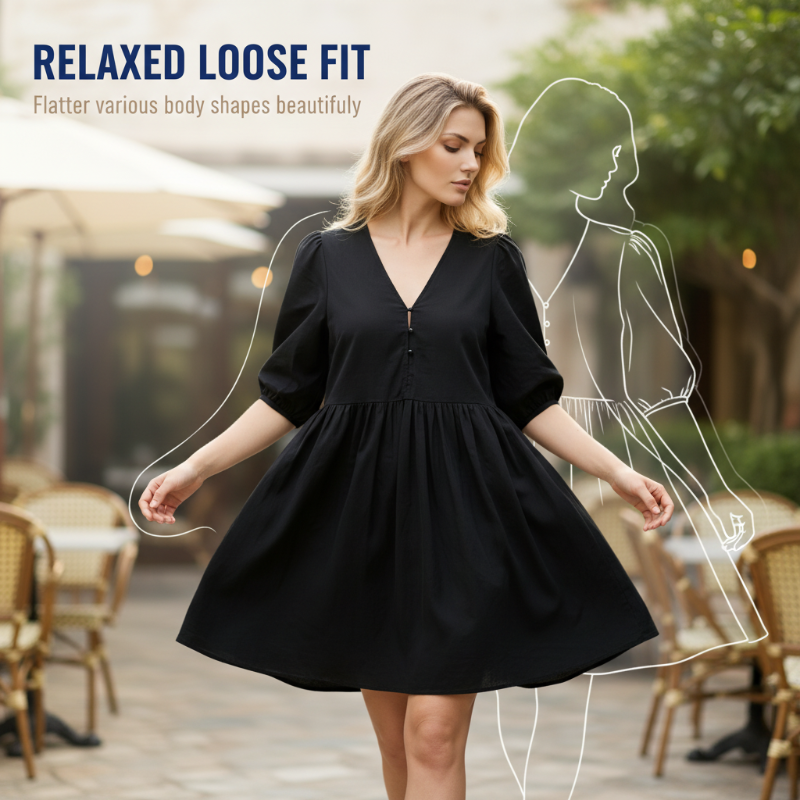 ⏰ Nur noch heute 50% Rabatt! 🖤 Damen locker fallendes Freizeitkleid mit V-Ausschnitt & Puff-Kurzärmeln, luftiger Stoff für entspannte Sommertage, Alltag & Urlaub ✨