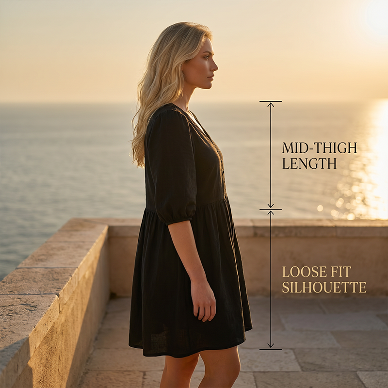 ⏰ Nur noch heute 50% Rabatt! 🖤 Damen locker fallendes Freizeitkleid mit V-Ausschnitt & Puff-Kurzärmeln, luftiger Stoff für entspannte Sommertage, Alltag & Urlaub ✨