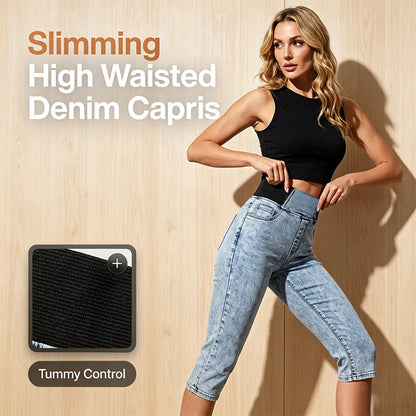 ⏰ Nur noch heute 50% Rabatt! 📦 Täglicher Versand! 👖 Damen High-Waist Denim Capri-Hose mit elastischem Taillenbund & Bauch-Kontrolle, figurformende kurze Jeans für Sommer & Alltag ✨