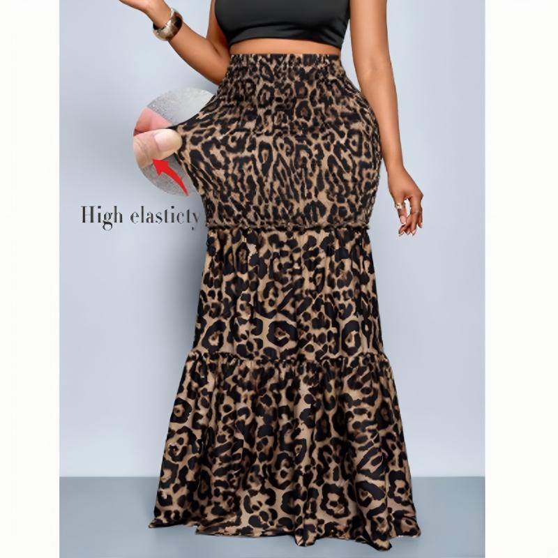 ⏰ Nur noch heute 50% Rabatt! 🐆 Damen Maxirock mit klassischem Leopardenmuster, hochelastischer fließender Stoff, geraffte Taille & Fischschwanz-Rüschensaum für feminin markante Looks ✨