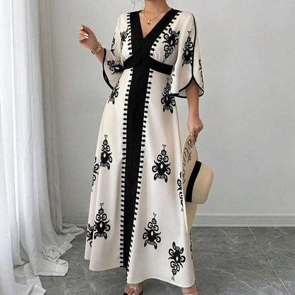 ⏰ Nur noch heute 50% Rabatt! 👗 Elegantes Damen Maxikleid mit V-Ausschnitt & Retro-Print, fließender Stoff, Glockenärmel und kontrastierende schwarze Besätze für Urlaub, Picknick & Abendausflüge ✨