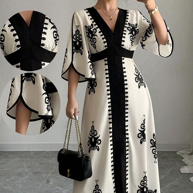 ⏰ Nur noch heute 50% Rabatt! 👗 Elegantes Damen Maxikleid mit V-Ausschnitt & Retro-Print, fließender Stoff, Glockenärmel und kontrastierende schwarze Besätze für Urlaub, Picknick & Abendausflüge ✨