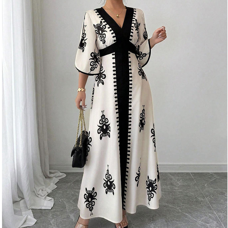 ⏰ Nur noch heute 50% Rabatt! 👗 Elegantes Damen Maxikleid mit V-Ausschnitt & Retro-Print, fließender Stoff, Glockenärmel und kontrastierende schwarze Besätze für Urlaub, Picknick & Abendausflüge ✨