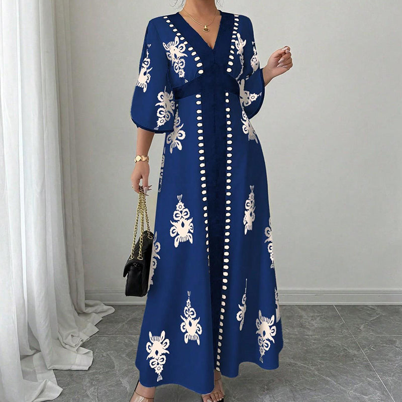 ⏰ Nur noch heute 50% Rabatt! 👗 Elegantes Damen Maxikleid mit V-Ausschnitt & Retro-Print, fließender Stoff, Glockenärmel und kontrastierende schwarze Besätze für Urlaub, Picknick & Abendausflüge ✨