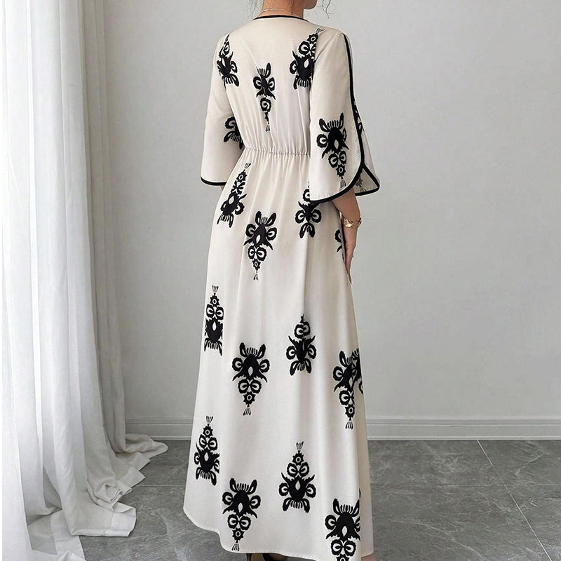 ⏰ Nur noch heute 50% Rabatt! 👗 Elegantes Damen Maxikleid mit V-Ausschnitt & Retro-Print, fließender Stoff, Glockenärmel und kontrastierende schwarze Besätze für Urlaub, Picknick & Abendausflüge ✨