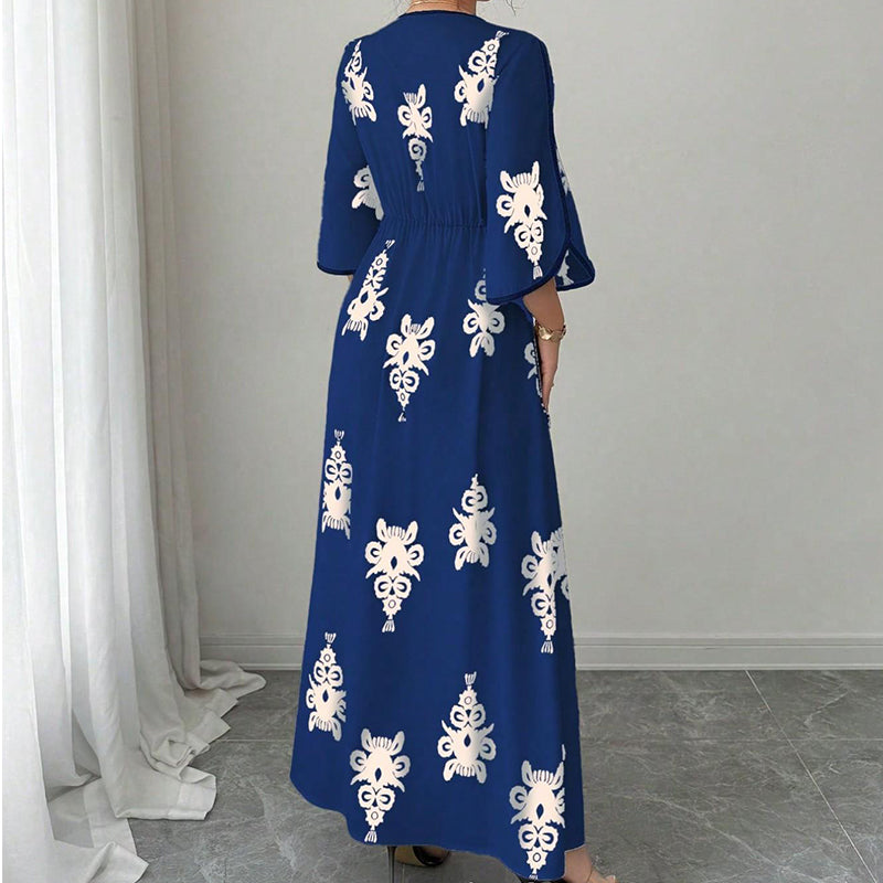 ⏰ Nur noch heute 50% Rabatt! 👗 Elegantes Damen Maxikleid mit V-Ausschnitt & Retro-Print, fließender Stoff, Glockenärmel und kontrastierende schwarze Besätze für Urlaub, Picknick & Abendausflüge ✨