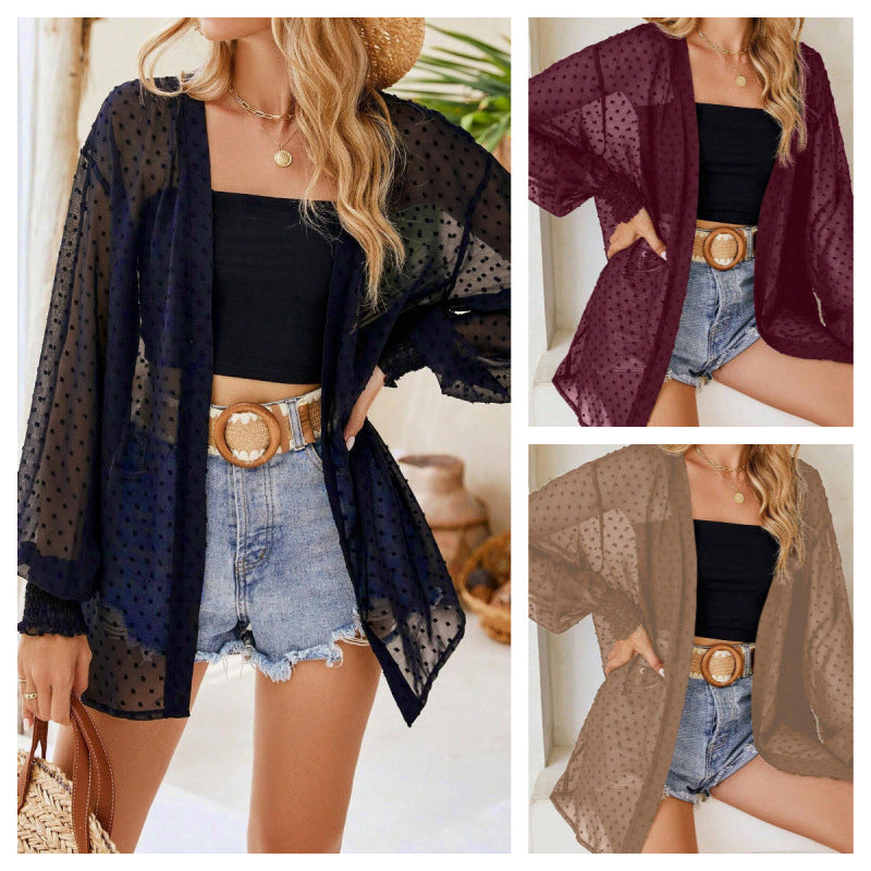 ⏰ Nur noch heute 50% Rabatt! 🧥 Leichte transparente Damen Strickjacke mit Tupfenmuster, luftig & vielseitig kombinierbar, lockerer Schnitt mit Ballonärmeln für Strand, Urlaub und warme Sommertage, 3 Farben zur Auswahl ✨