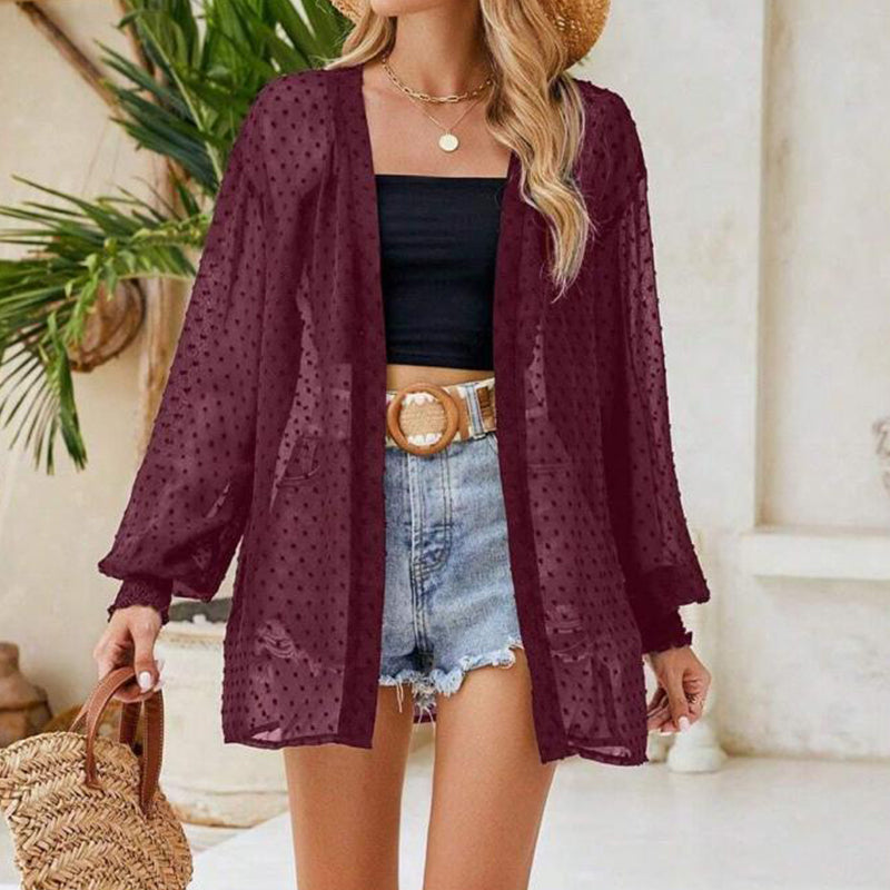 ⏰ Nur noch heute 50% Rabatt! 🧥 Leichte transparente Damen Strickjacke mit Tupfenmuster, luftig & vielseitig kombinierbar, lockerer Schnitt mit Ballonärmeln für Strand, Urlaub und warme Sommertage, 3 Farben zur Auswahl ✨