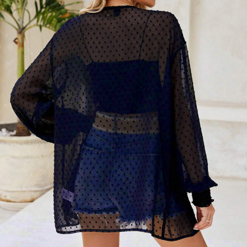 ⏰ Nur noch heute 50% Rabatt! 🧥 Leichte transparente Damen Strickjacke mit Tupfenmuster, luftig & vielseitig kombinierbar, lockerer Schnitt mit Ballonärmeln für Strand, Urlaub und warme Sommertage, 3 Farben zur Auswahl ✨