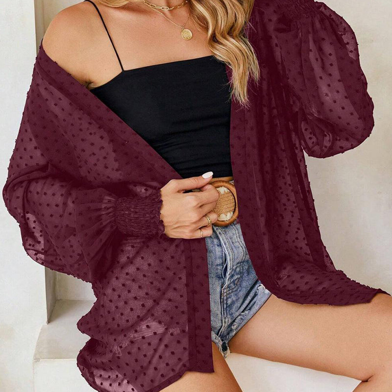 ⏰ Nur noch heute 50% Rabatt! 🧥 Leichte transparente Damen Strickjacke mit Tupfenmuster, luftig & vielseitig kombinierbar, lockerer Schnitt mit Ballonärmeln für Strand, Urlaub und warme Sommertage, 3 Farben zur Auswahl ✨