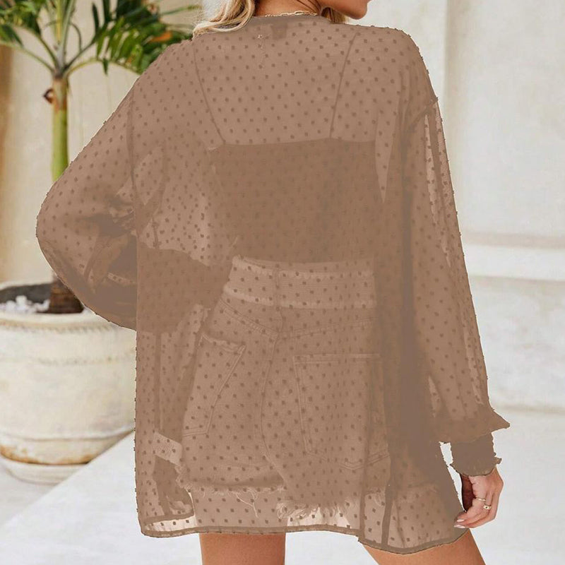 ⏰ Nur noch heute 50% Rabatt! 🧥 Leichte transparente Damen Strickjacke mit Tupfenmuster, luftig & vielseitig kombinierbar, lockerer Schnitt mit Ballonärmeln für Strand, Urlaub und warme Sommertage, 3 Farben zur Auswahl ✨