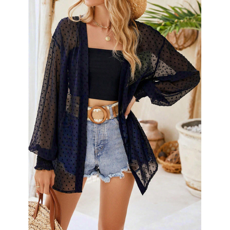 ⏰ Nur noch heute 50% Rabatt! 🧥 Leichte transparente Damen Strickjacke mit Tupfenmuster, luftig & vielseitig kombinierbar, lockerer Schnitt mit Ballonärmeln für Strand, Urlaub und warme Sommertage, 3 Farben zur Auswahl ✨