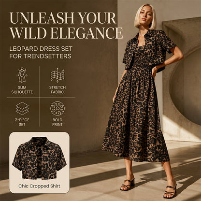 ⏰ Nur noch heute 50% Rabatt! 🐆 Damen 2-teiliges Leoparden-Set aus kurzem Cropped Hemd & Tailliertem Midikleid, elastischer Stoff, markanter Retro Print für Alltag, Café & Abendausflüge ✨