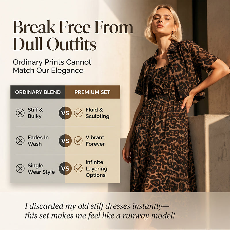 ⏰ Nur noch heute 50% Rabatt! 🐆 Damen 2-teiliges Leoparden-Set aus kurzem Cropped Hemd & Tailliertem Midikleid, elastischer Stoff, markanter Retro Print für Alltag, Café & Abendausflüge ✨