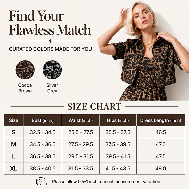 ⏰ Nur noch heute 50% Rabatt! 🐆 Damen 2-teiliges Leoparden-Set aus kurzem Cropped Hemd & Tailliertem Midikleid, elastischer Stoff, markanter Retro Print für Alltag, Café & Abendausflüge ✨