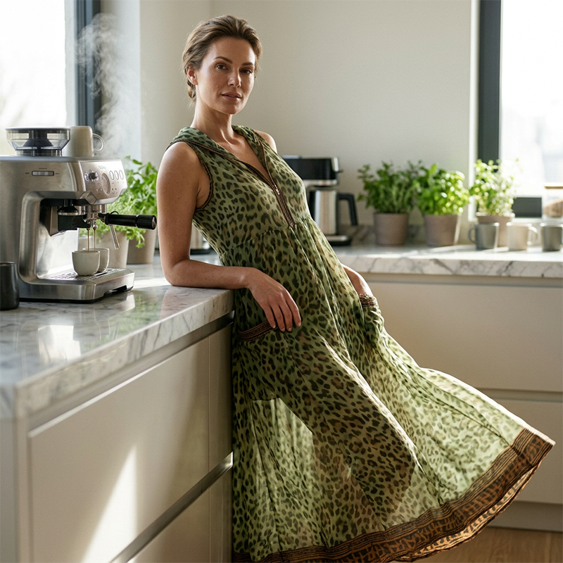 ⏰ Nur noch heute 50% Rabatt! 🐆 Trägerlanges Maxikleid für Damen mit grünem Leopardenprint, Kapuze & Frontreißverschluss, luftiger Chiffon-Stoff mit Taschen für Stadt, Urlaub & warme Sommertage ✨