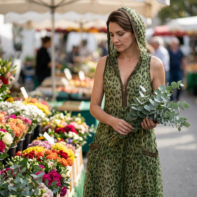 ⏰ Nur noch heute 50% Rabatt! 🐆 Trägerlanges Maxikleid für Damen mit grünem Leopardenprint, Kapuze & Frontreißverschluss, luftiger Chiffon-Stoff mit Taschen für Stadt, Urlaub & warme Sommertage ✨