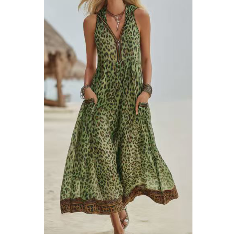⏰ Nur noch heute 50% Rabatt! 🐆 Trägerlanges Maxikleid für Damen mit grünem Leopardenprint, Kapuze & Frontreißverschluss, luftiger Chiffon-Stoff mit Taschen für Stadt, Urlaub & warme Sommertage ✨