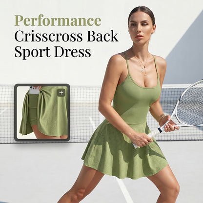 ⏰ Nur noch heute 50% Rabatt! 🎾 Damen Sportkleid mit gekreuztem Rückenband, integrierte Shorts mit Handytasche, elastischer Funktionsstoff für Tennis, Fitness, Joggen & Alltag ✨