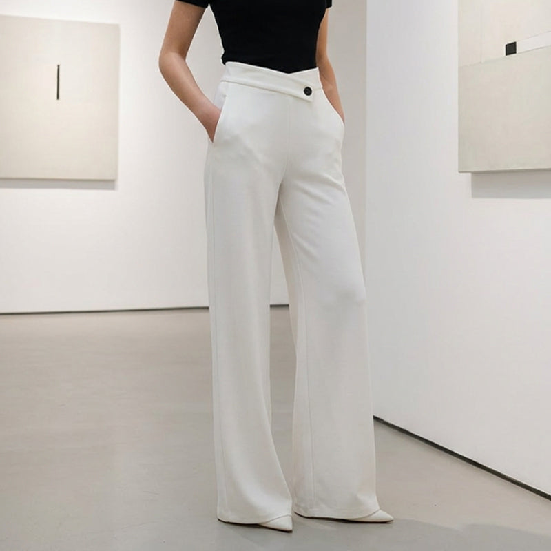 ⏰ Nur noch heute 50% Rabatt! 🤍 Damen High-Waist Weithose mit asymmetrischem Taillendetail, Mikro-Stretch Stoff, knitterfrei & figurformend für Büro, Alltag und elegante Anlässe ✨