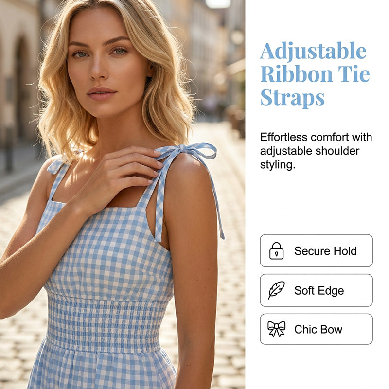 🔥 Letzter Tag! 50% Rabatt Damen Retro Vichy-Kleid mit bindbaren Trägern 🧺 Atmungsaktives Midikleid mit Smock-Taille für Sommer & Picknick