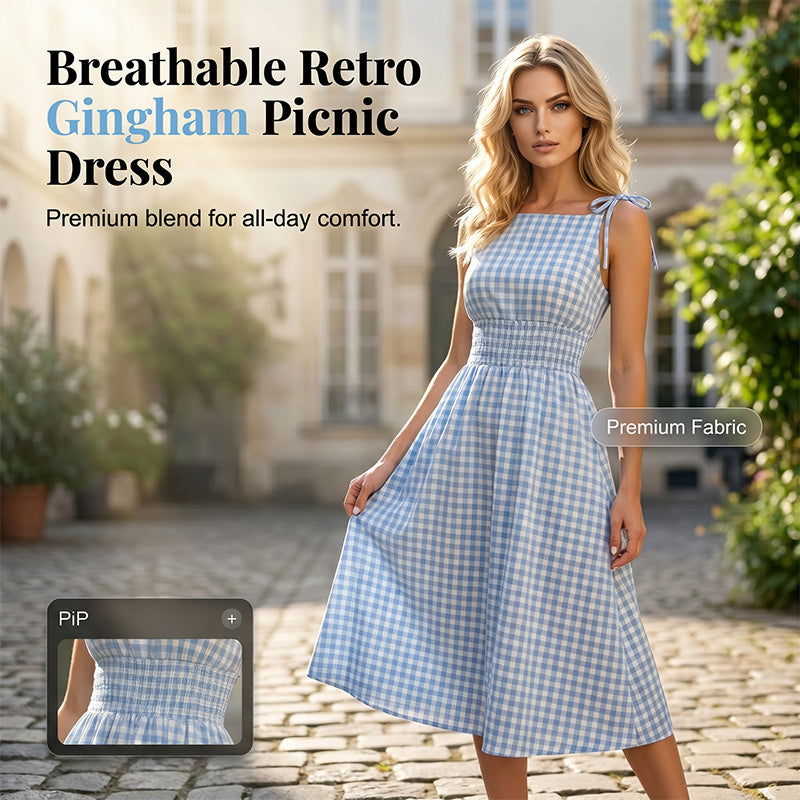 🔥 Letzter Tag! 50% Rabatt Damen Retro Vichy-Kleid mit bindbaren Trägern 🧺 Atmungsaktives Midikleid mit Smock-Taille für Sommer & Picknick
