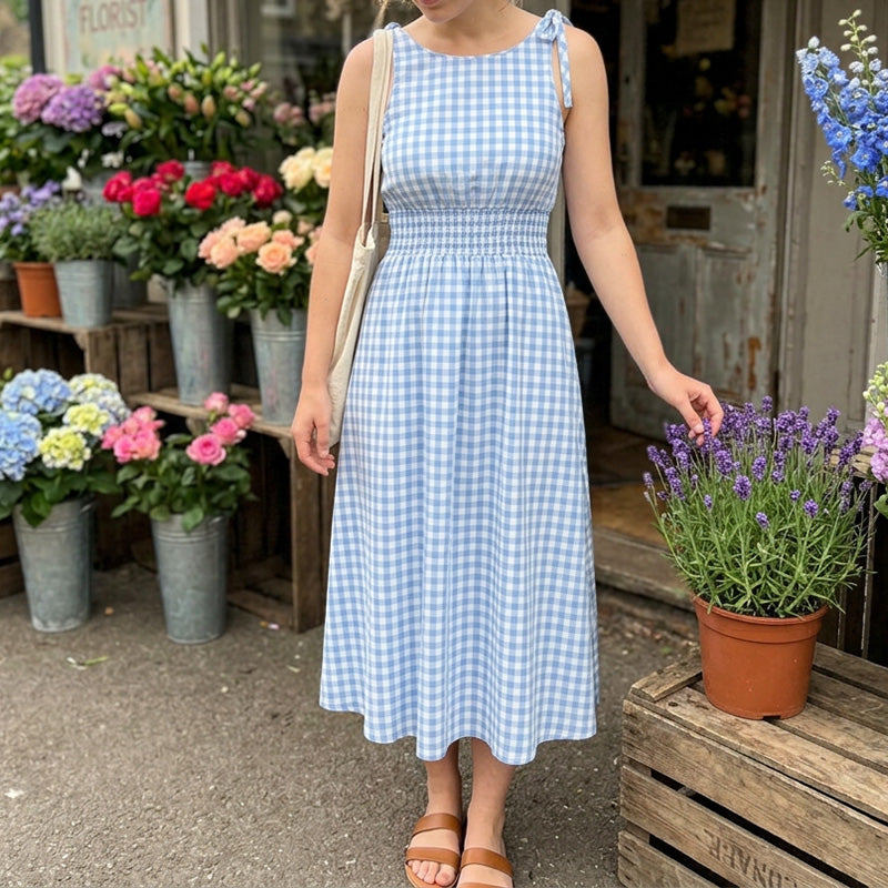 🔥 Letzter Tag! 50% Rabatt Damen Retro Vichy-Kleid mit bindbaren Trägern 🧺 Atmungsaktives Midikleid mit Smock-Taille für Sommer & Picknick