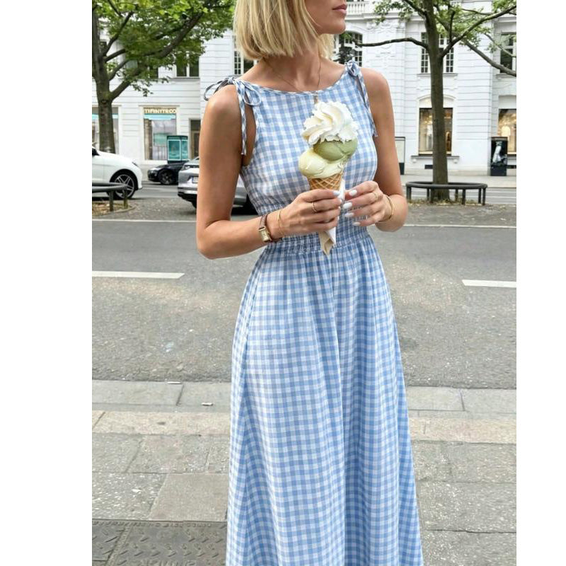 🔥 Letzter Tag! 50% Rabatt Damen Retro Vichy-Kleid mit bindbaren Trägern 🧺 Atmungsaktives Midikleid mit Smock-Taille für Sommer & Picknick