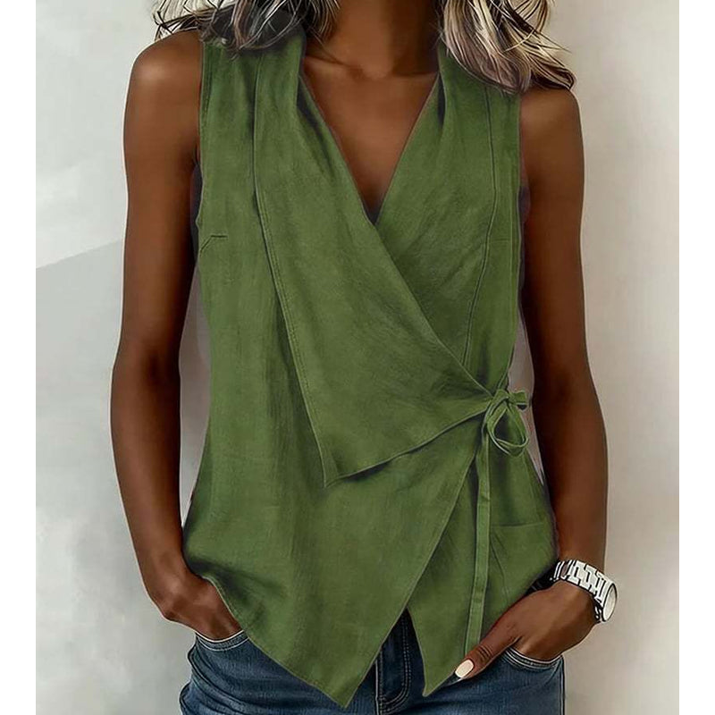 🔥 Letzter Tag! 50% Rabatt Damen Rückenfreies Ärmelloses Hemd 🌸 Eleganter V-Ausschnitt Wrap-Bluse – Figurbetont & Luftdurchlässig