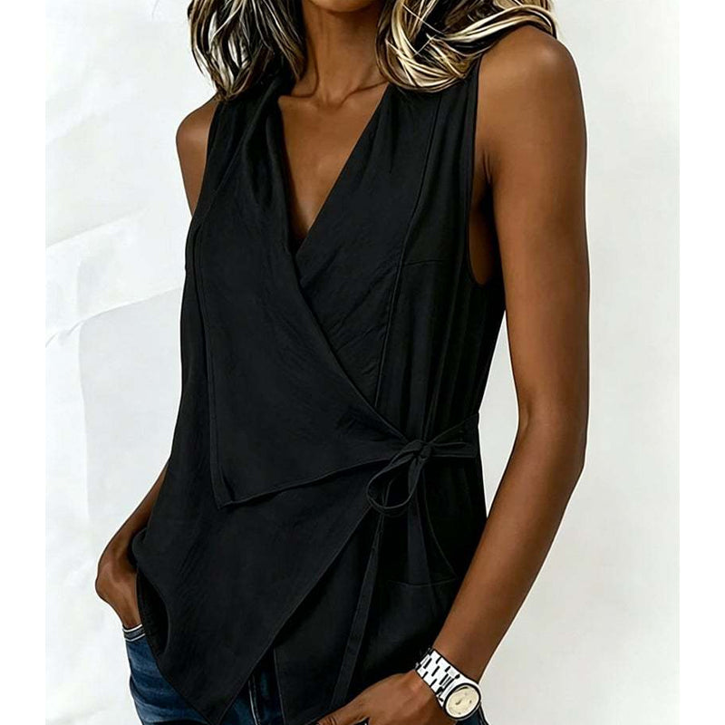 🔥 Letzter Tag! 50% Rabatt Damen Rückenfreies Ärmelloses Hemd 🌸 Eleganter V-Ausschnitt Wrap-Bluse – Figurbetont & Luftdurchlässig