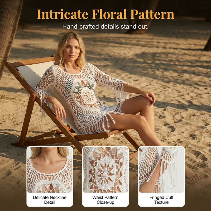 🔥 Letzter Tag! 50% Rabatt Damen Boho Häkel-Strand-Cover-Up mit Quasten 🌴 Romantischer Strandüberwurf für Urlaub & Pool