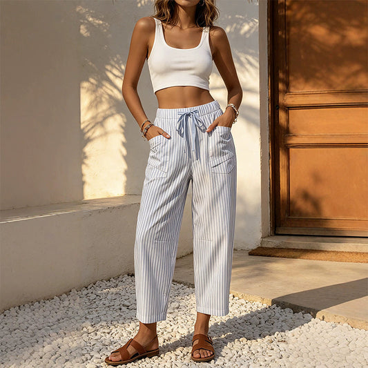 🔥 Letzter Tag! 50% Rabatt Damen Gestreifte 7/8 Freizeithose 🌿 Figurbetonte luftige Sommerhose mit praktischen Taschen
