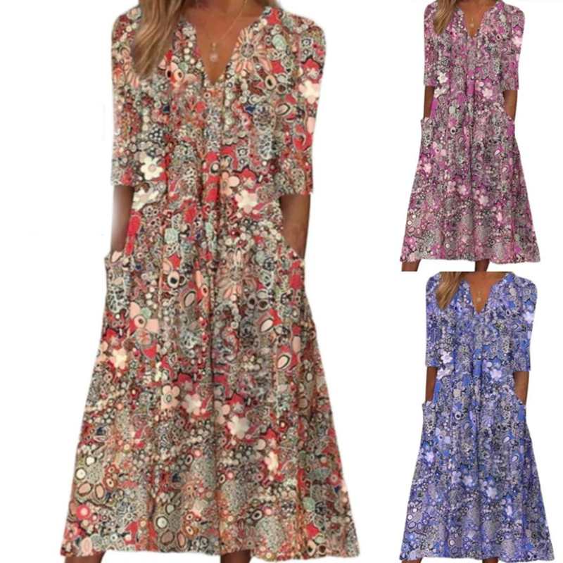 🔥 Letzter Tag! 50% Rabatt Damen Lässiges Blumenkleid mit V-Ausschnitt 🌸 Luftiges lockeres Sommerkleid mit praktischen Taschen