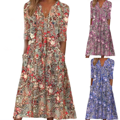 🔥 Letzter Tag! 50% Rabatt Damen Lässiges Blumenkleid mit V-Ausschnitt 🌸 Luftiges lockeres Sommerkleid mit praktischen Taschen